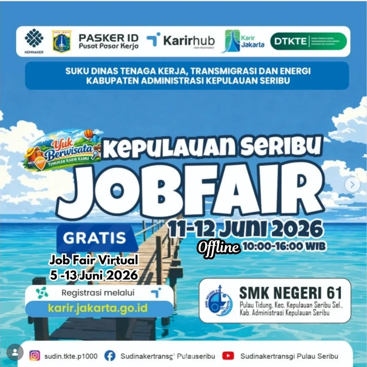Job Fair Kabupaten Boyolali 2026 (Suku Dinas TKTE Wilayah Kepulauan Seribu) : 10-11 Juni 2026