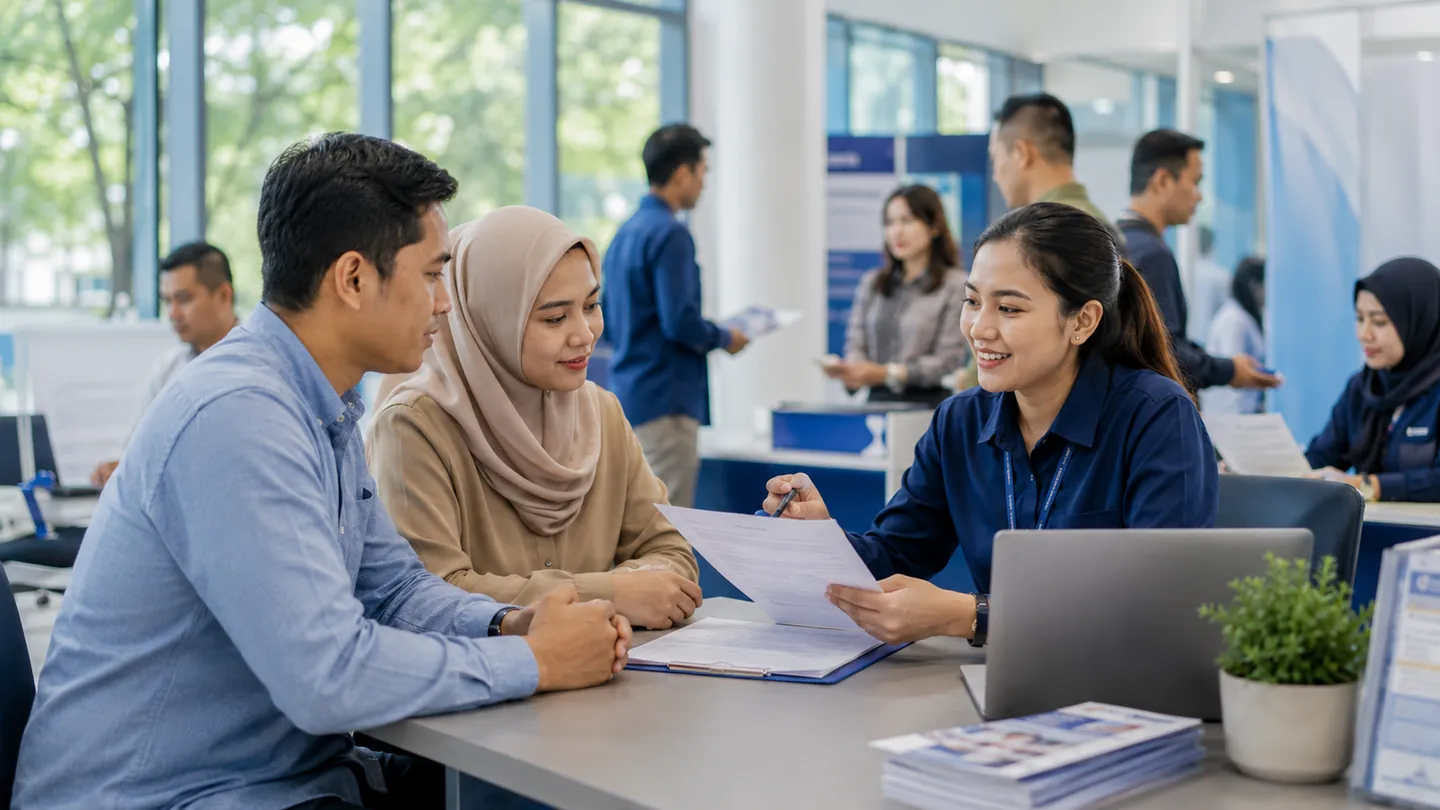 Pekerja dan perwakilan perusahaan memeriksa dokumen perjanjian kerja bersama petugas